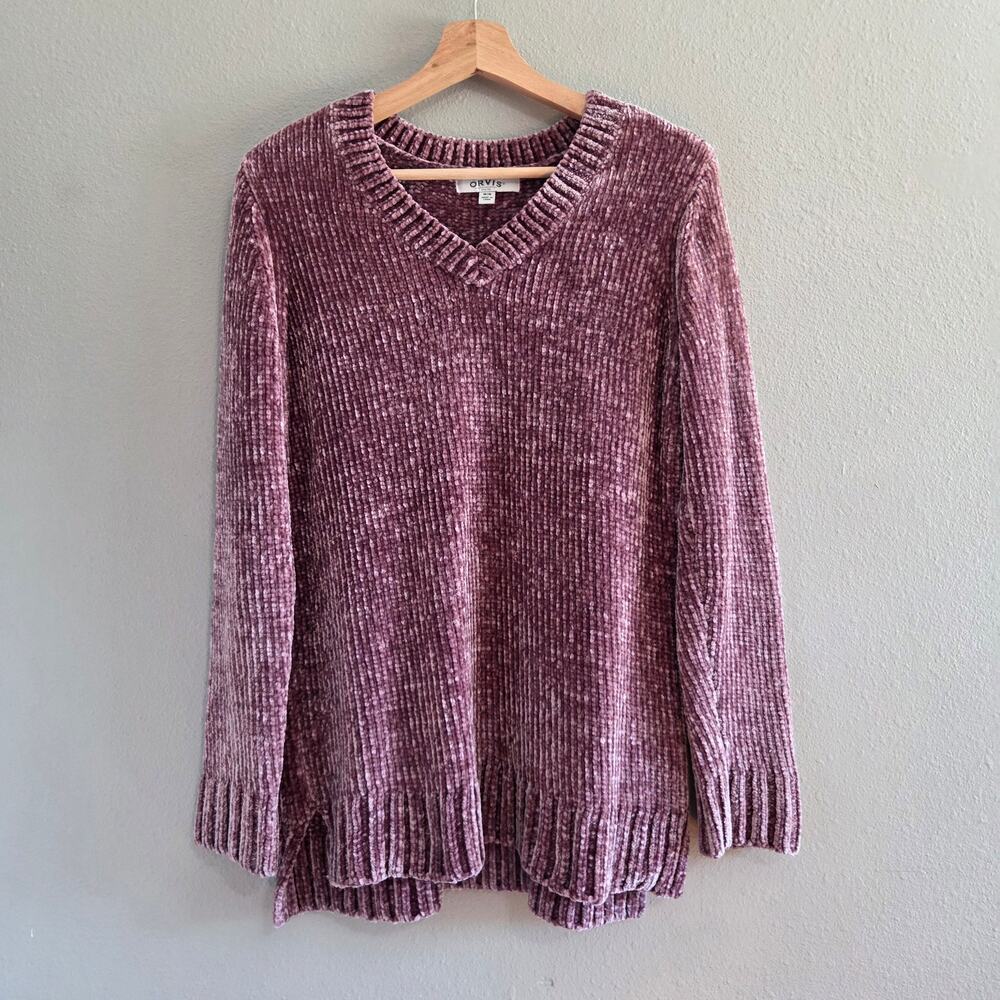 Orvis Purple Chenille V-Neck Sweater Size M Velvet Knit Chunky Pullover